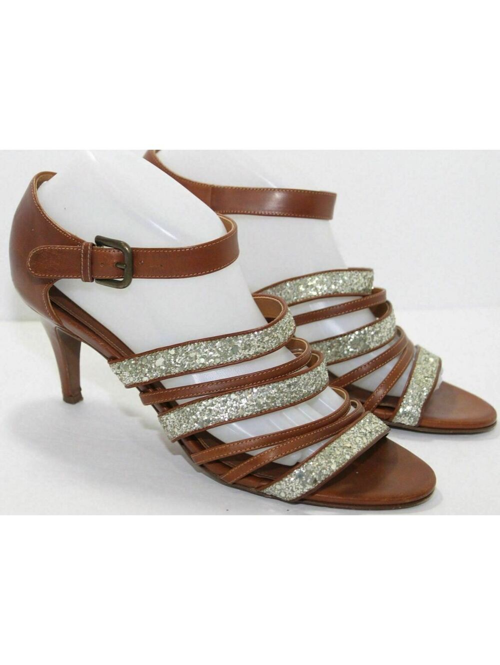 J. Crew Brown Glittery Leather Strappy Heel Sandals Womens Size 9